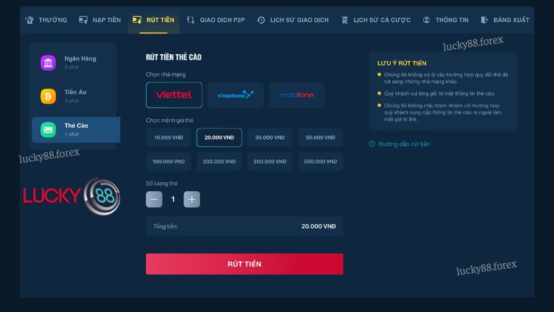 Chi tiết cách rút tiền Lucky88 qua thẻ cào